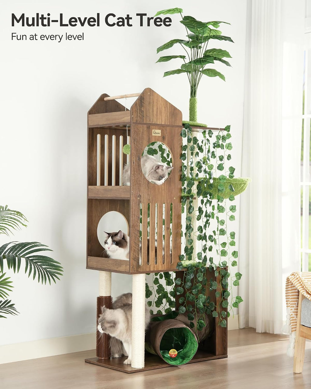 FourFurPets Large Cat Tree with Leaves, 72.8" Tall Cat Tower, Anti-tip Kit