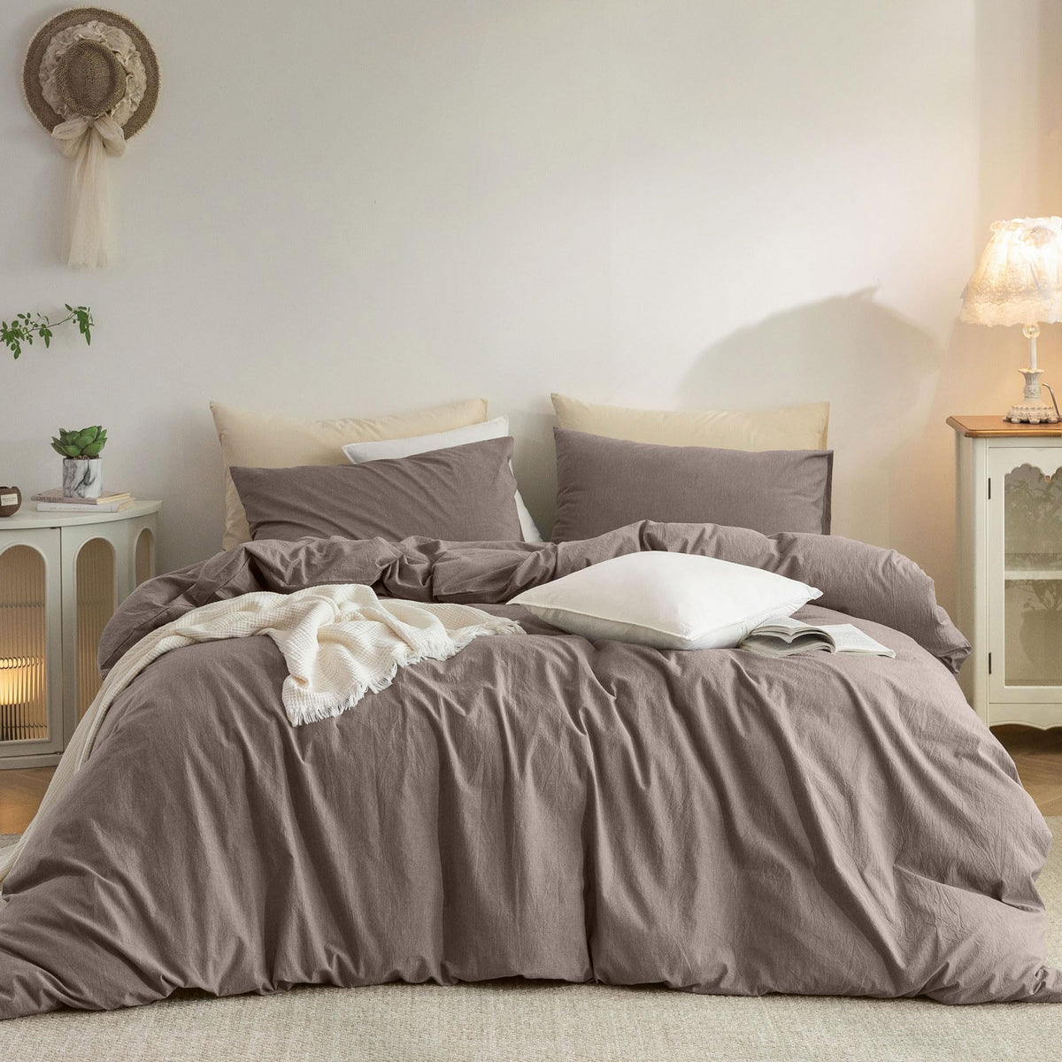 Duvet Cover Set Washed Cotton Embroidered Hem King 3‑Pcs