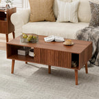 LCRBOL Coffee Table with Fluted Sliding Door, Mid-Century, Walnut
