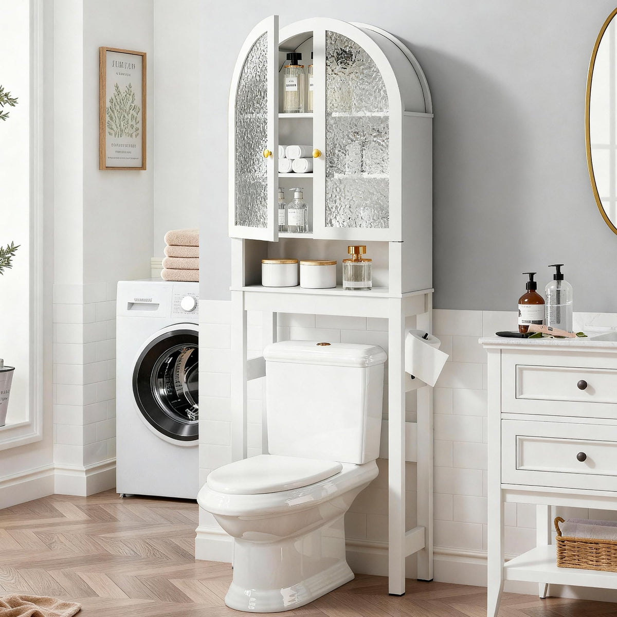 HMstone Over The Toilet Storage Cabinet, Arched Bathroom Organizer and Storage with Acrylic Doors and Adjustable Shelf, Space Saver Freestanding Bathroom Modern Storage Cabinet Over Toilet Dark Brown