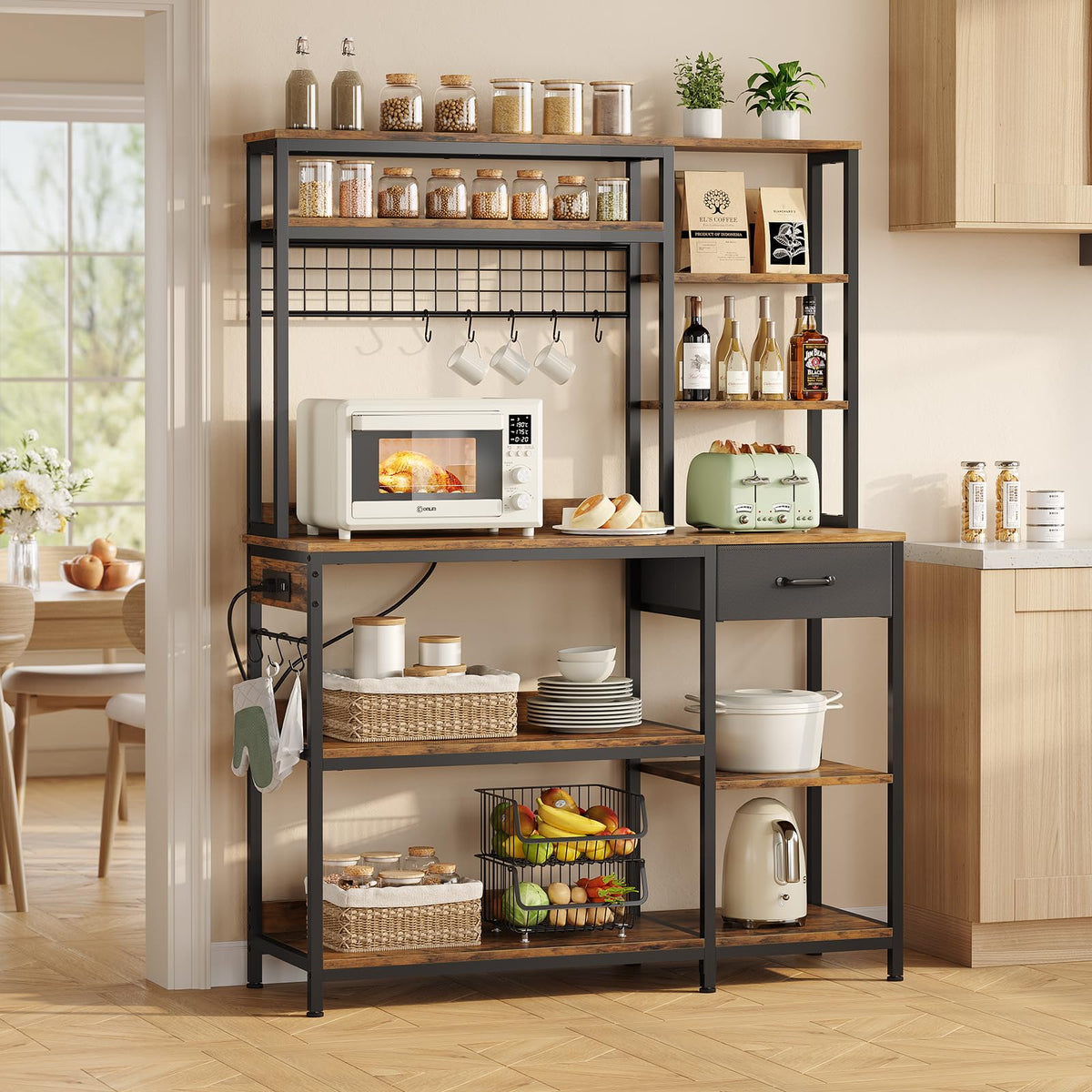 30" Kitchen Small Bakers Rack with Power Outlet & LED Light, 6-Tier Microwave Stand with Storage Drawer, Coffee Bar Shelf with 8 S-Shaped Hooks, Metal Kitchen Storage Shelf, Rustic Brown