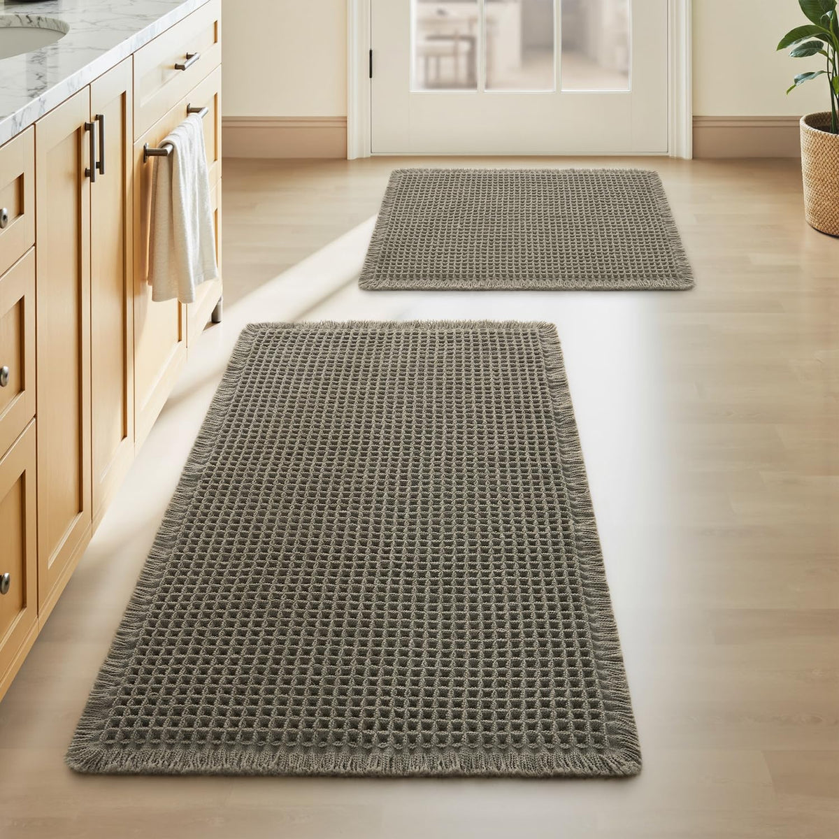 Upgraded Waffle Bath Mat Set of 2 Absorbent Bathroom Mat 18"x30" + 24"x48"