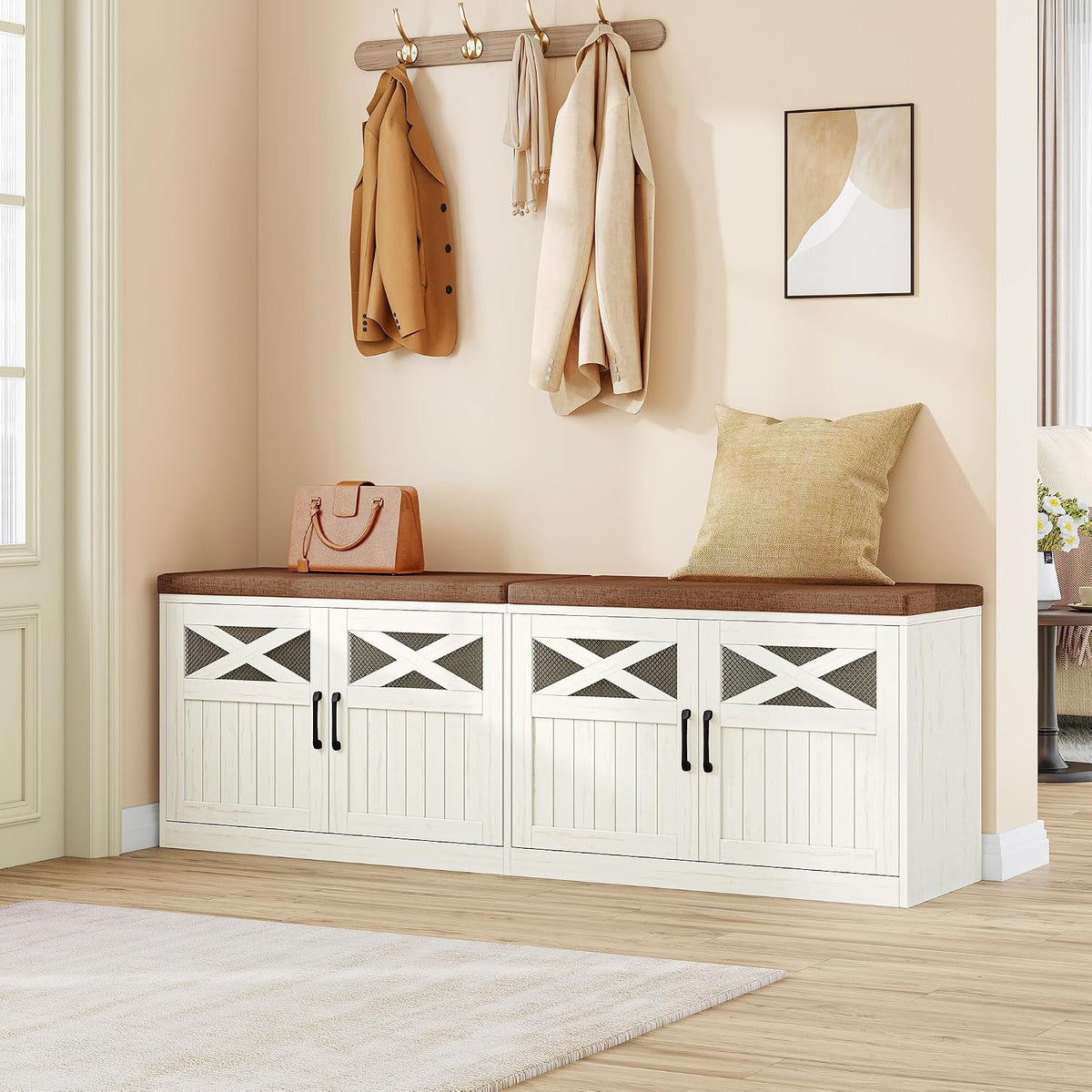 Hzuaneri 59" Shoe Storage Bench with 4 Barn Doors & Padded Seat Cushion