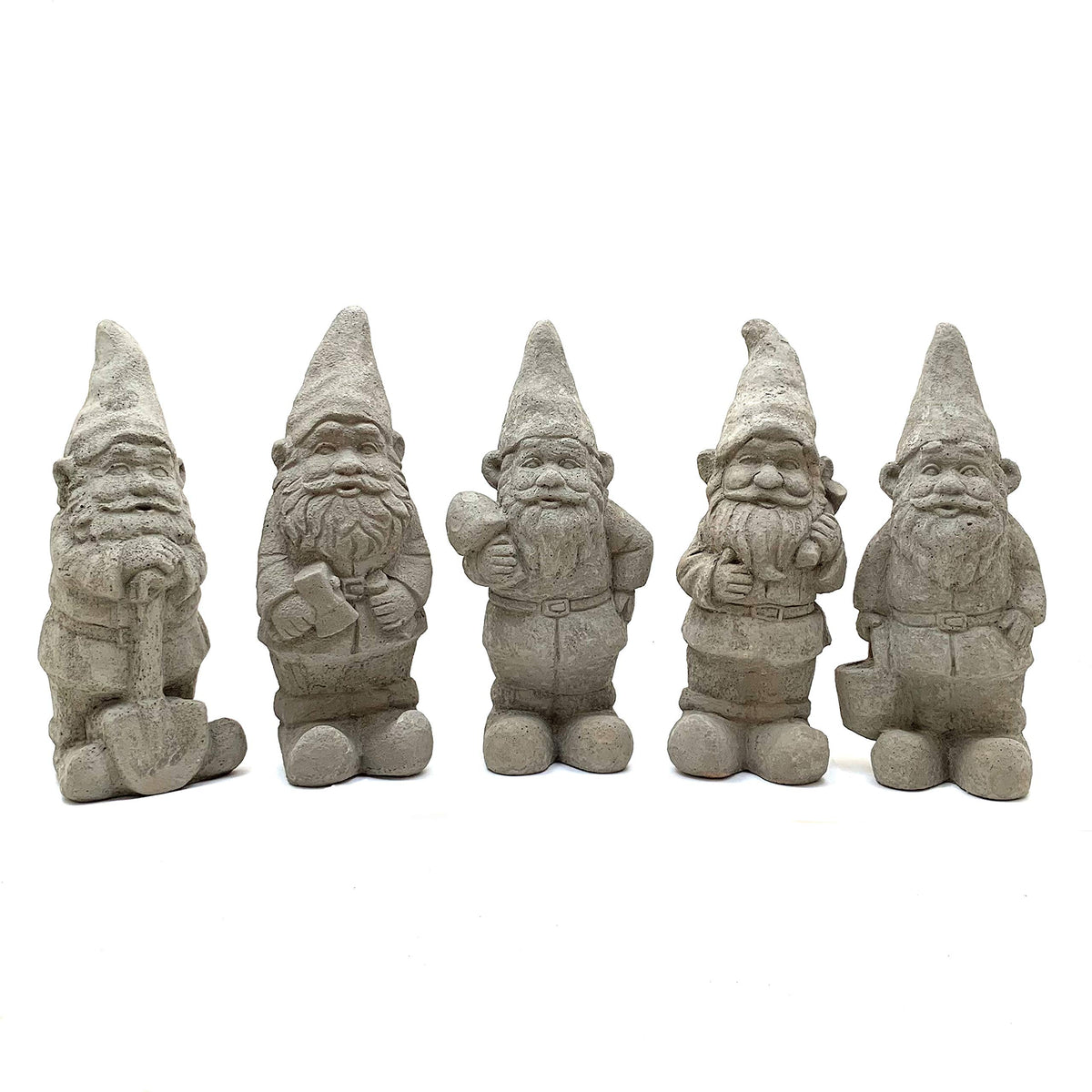 Vintage Garden Gnomes (Set/5): Solid Durable Stone Statue with Aged Texture. Sealed for Outdoor Use. Handcrafted USA. (Antique/Gray)