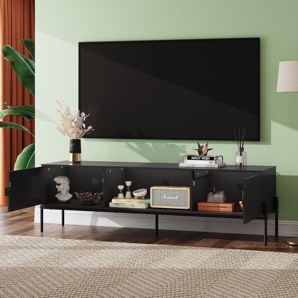WLIVE 58" TV Stand for 65 Inch TVs, Black Media Console with Metal Legs