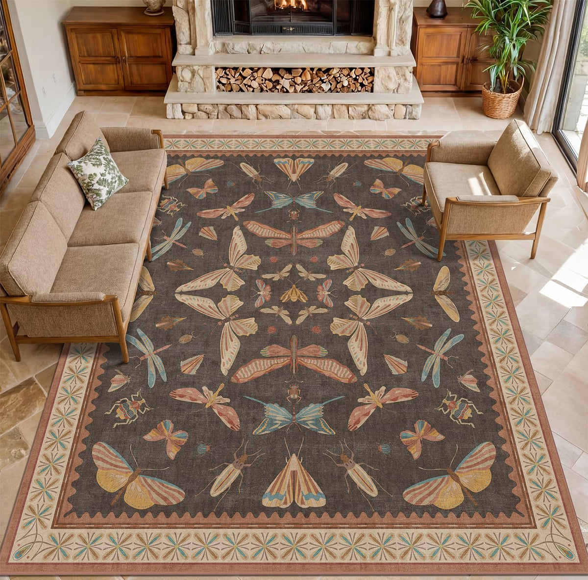 Hazo Haus Dark Green Insect Area Rugs 8x10 for Living Room, Dining Room Under Table, Bedroom, Unique Washable Floral Non Slip Low Pile Soft Rug