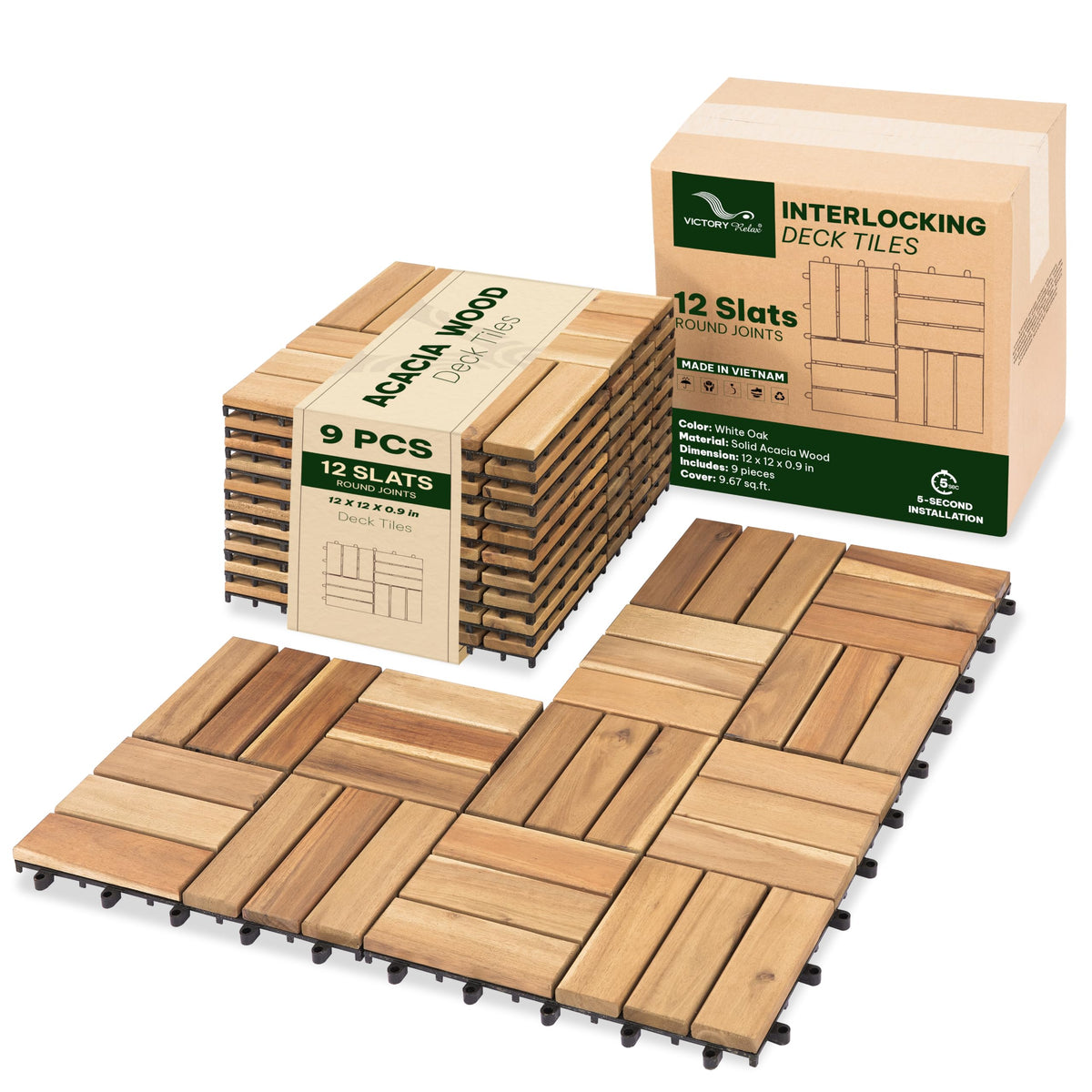 VICTORY RELAX Natural Acacia 12x12 Interlocking Wood Deck Tiles for Balcony, Garden, Patio, Poolside Decor - Waterproof Indoor & Outdoor Flooring - 12 Slats, Round Joints, Pack of 27, Natural Color