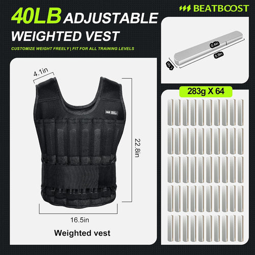 BeatBoost Weighted Vest Men 20lb/30lb/40lb/50lb/60lb Adjustable Weight Vest with Steel Plates Weight for Running Workout