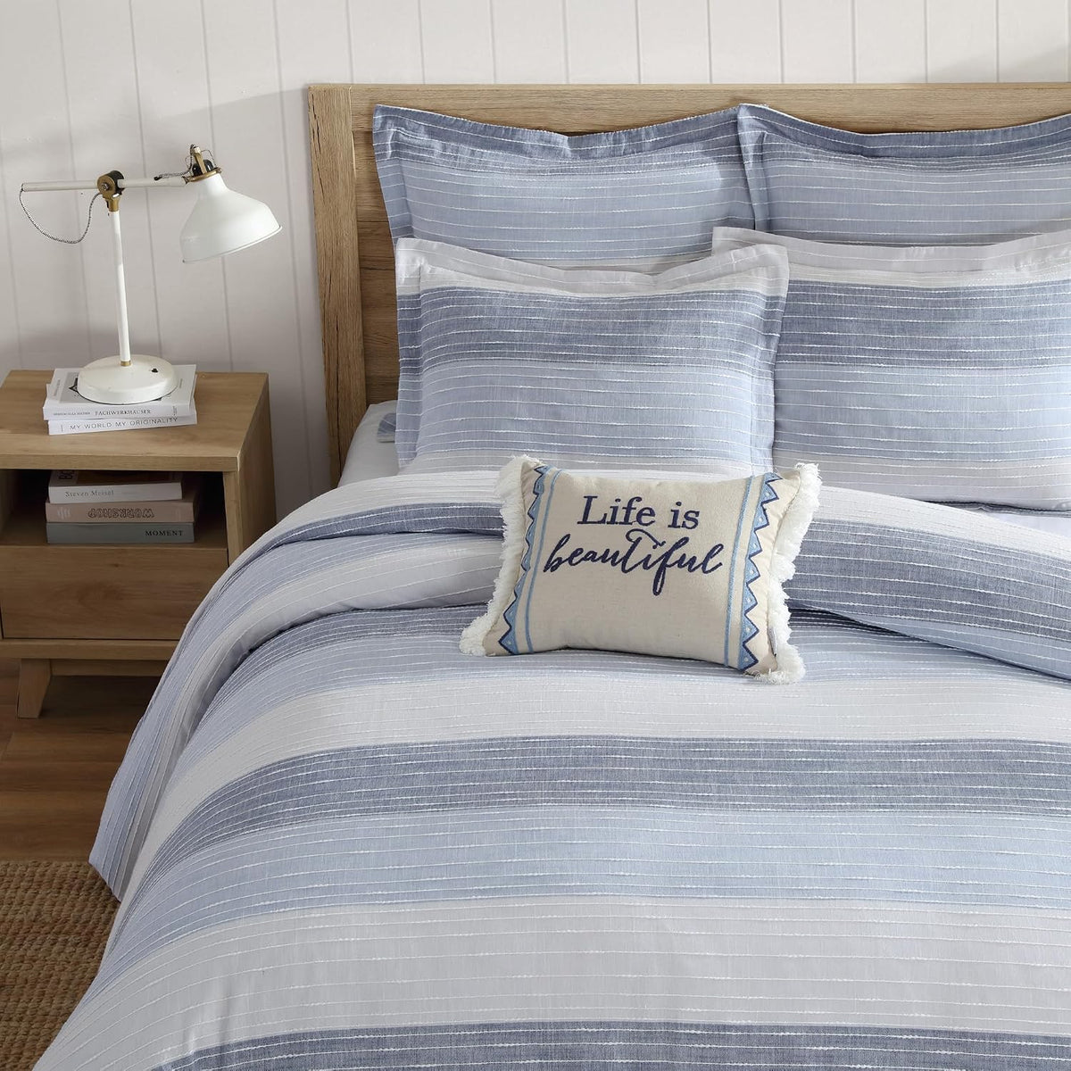 Levtex Home Sand Stripes Blue Queen Duvet Cover Set (90x94in) with 2 Pillowcases (26x20in) - Woven Jacquard Stripe - Blue, Grey, White - Cotton Queen Size Duvet Cover Set - Soft, Pre-Washed