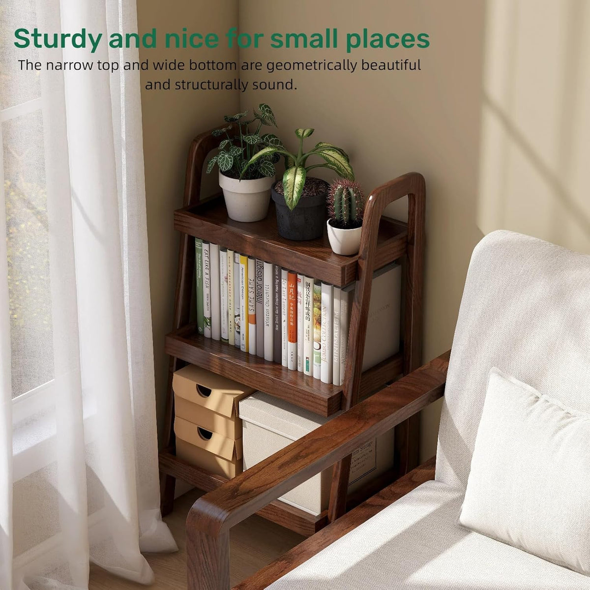 100% Solid Wood 3-Tier Ladder Shelf, Small Bookcase, Storage End Table, Open Display Stand for Living Room, Bedroom, Kitchen, Bathroom (Walnut Color)