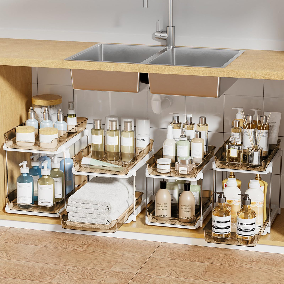 Delamu 2-Tier Multi-Purpose Bathroom Under Sink Organizers and Storage, Stackable Kitchen Pantry Organization, Pull Out Medicine Cabinet Organizer with Movable Dividers, White, 4Pack