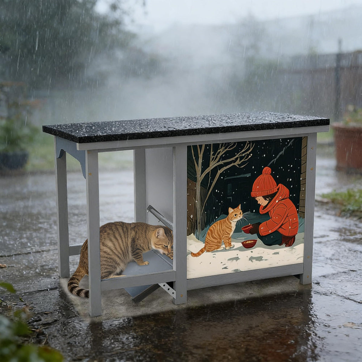 COZIWOW Weatherproof Outdoor Cat Feeding Station with Step-On Lid - 11L Capacity, All-Weather Asphalt Roof & Built-in Water Bottle for Stray Cats (Grey)