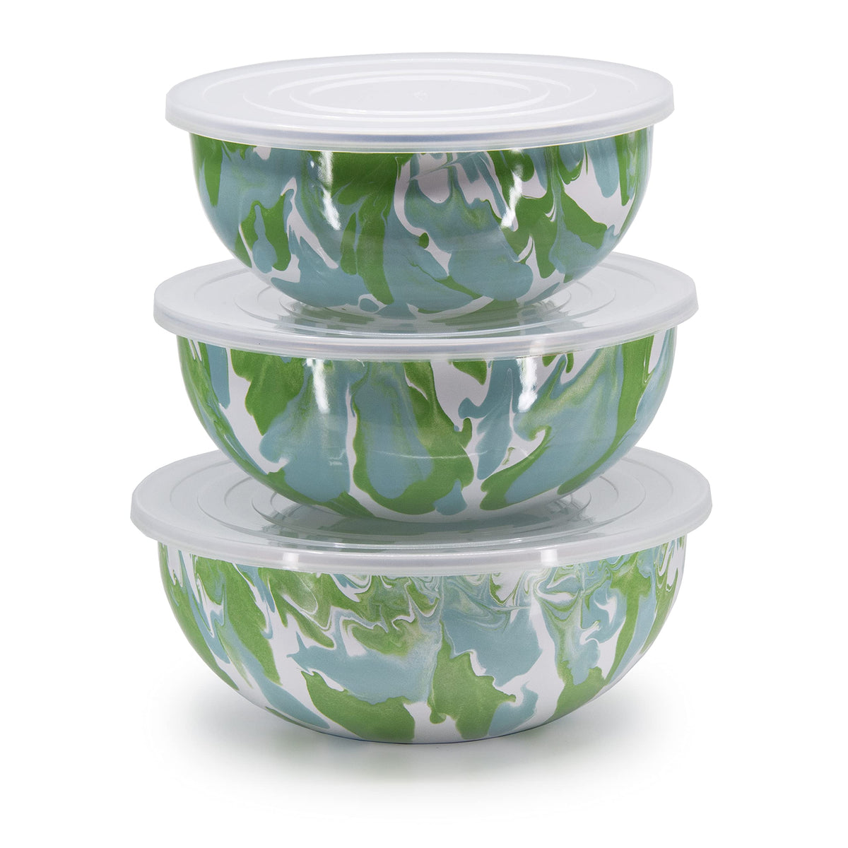 Golden Rabbit Enamelware Nested Mixing Bowls with Lids, Set of 3, Lagoon