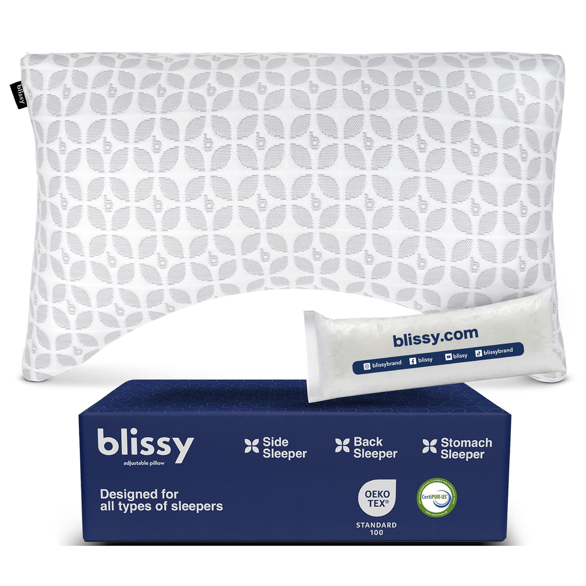 BLISSY Adjustable Memory Foam Pillow for Sleeping (Queen Size) - Cooling Gel Pillows for Side Sleepers with Shredded Foam for Customizable Loft - CertiPUR-US & Oeko-TEX