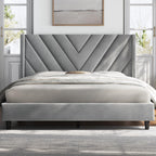 Yaheetech Queen Bed Frame with Chevron Channel-Tufted Headboard, Beige