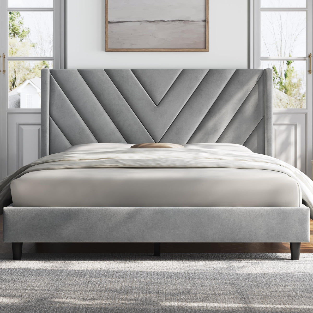 Yaheetech Queen Bed Frame with Chevron Channel-Tufted Headboard, Beige