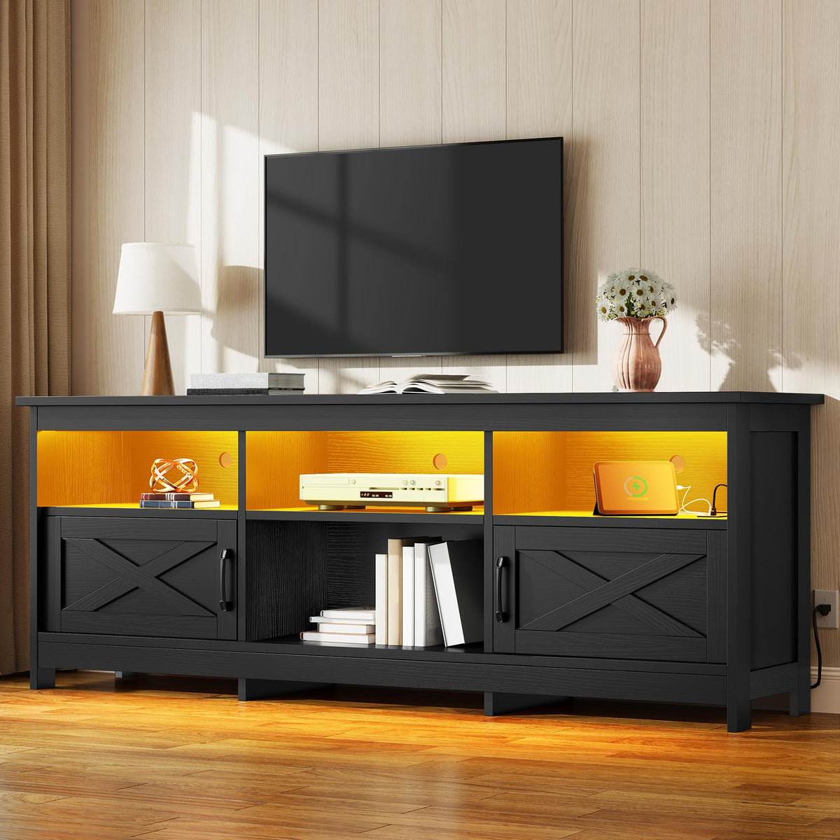 YITAHOME 59" TV Stand with Power Outlet & LED Light for 65 Inch TVs, Black