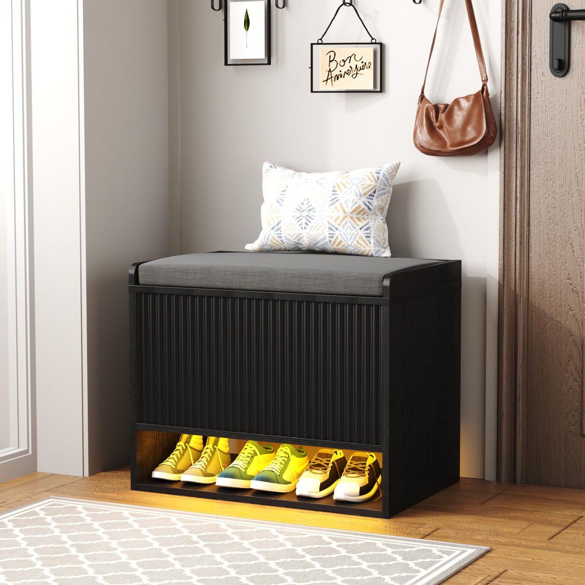 HOMEFORT 47.2" Fluted Shoe Storage Bench, Entryway Bench with Linen Seat Cushion, Shoe Cabinet Bench with Adjustable Shelf and Built-in LED Sensor Light, Bench for Bedroom End of Bed, Natural Oak