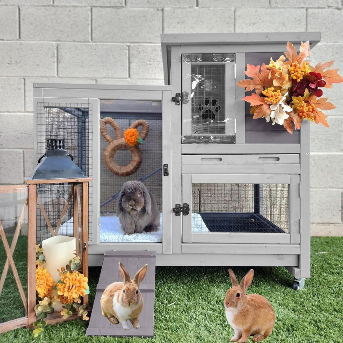 GUTINNEEN Wooden Duplex Rabbit Cage on Wheels with Chew-Proof Ramp, Grey