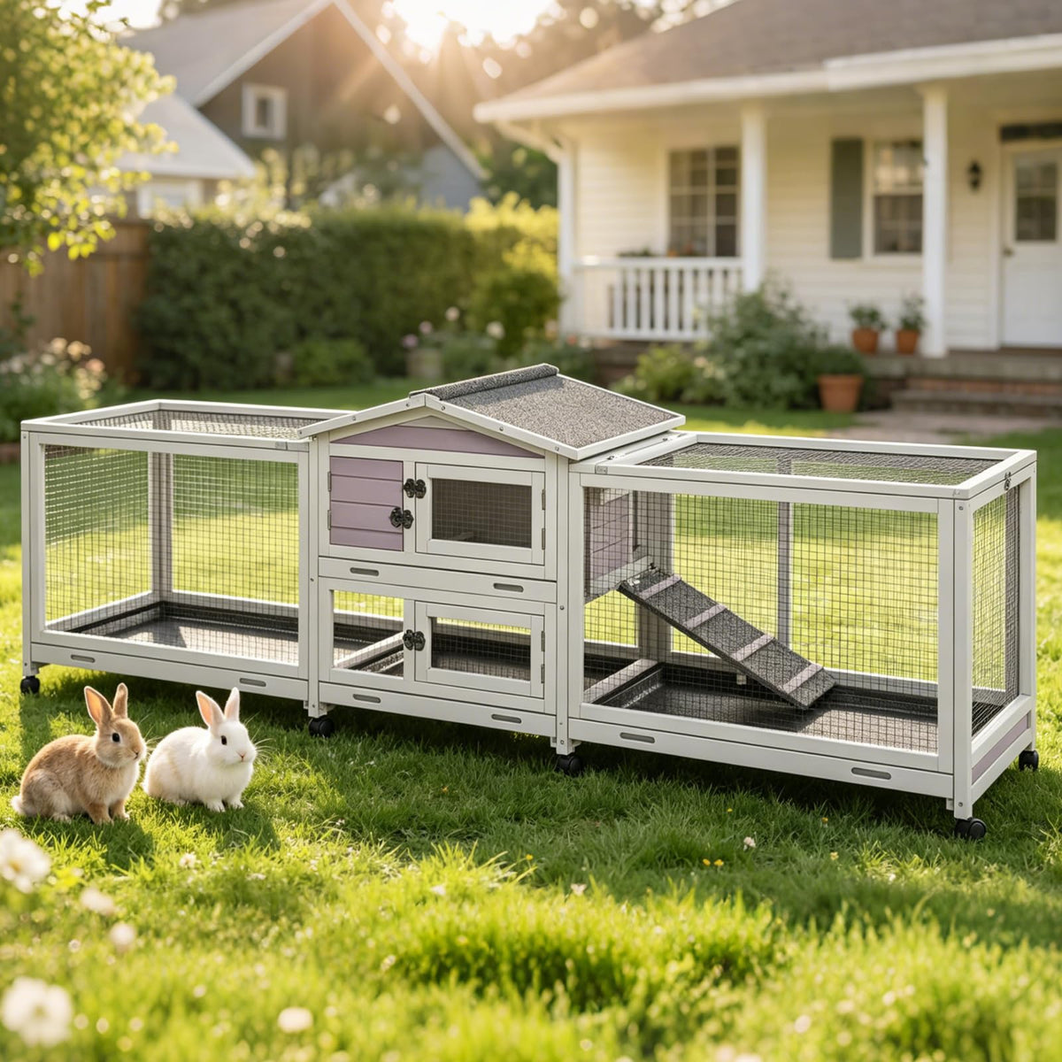 GUTINNEEN Rabbit Hutch Indoor Outdoor Bunny Cage Upgrade Large Space for Rabbit,Guinea Pig,Bunny and Other Small Animals,On Wheels Move Easily.