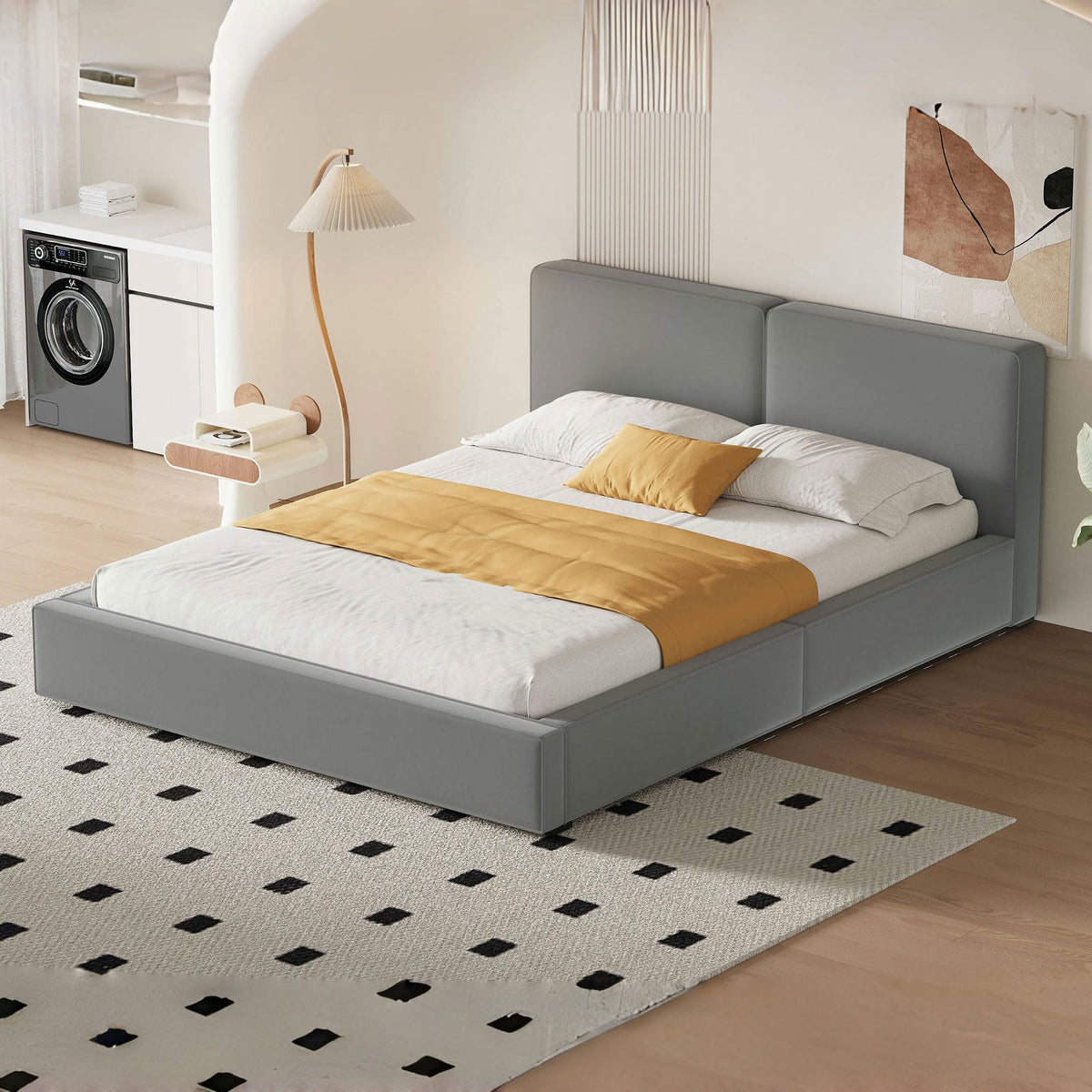 Grounded Bed Upholstered Platform Bed with Unique Design Thick Fabric Headboard, Wood Platform Bed Frame for Kids Adults Bedroom Furniture, Upholstered Floor Bed (Beige-11, Queen)