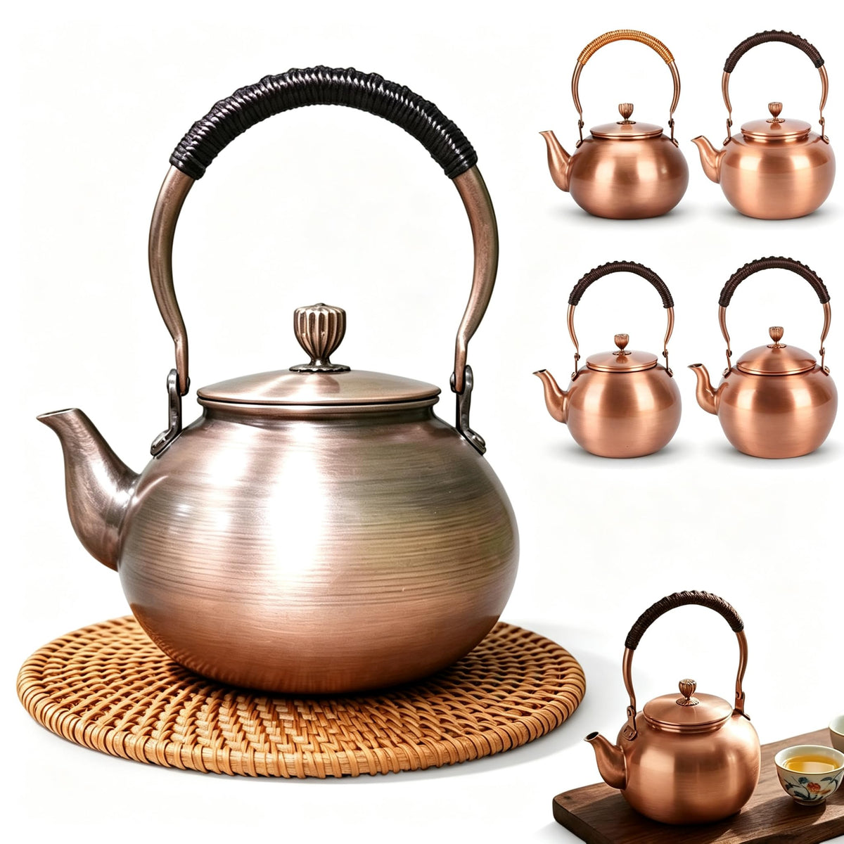 Handmade Copper Kettle 1200ML, Copper Stovetop Tea Kettle, Handmade Solid Copper Teapot with Stay-Cool Grip, Fast Boiling Gas Stove for Tea Ceremony Home Kitchen Use (1.1L-B)