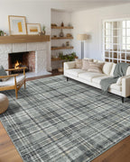 Modern Washable 8x10 Area Rug - Soft, Non-Slip, Stain Resistant, Farmhouse Tartan Plaid for Living Room, Bedroom, Nursery, Office - Beige