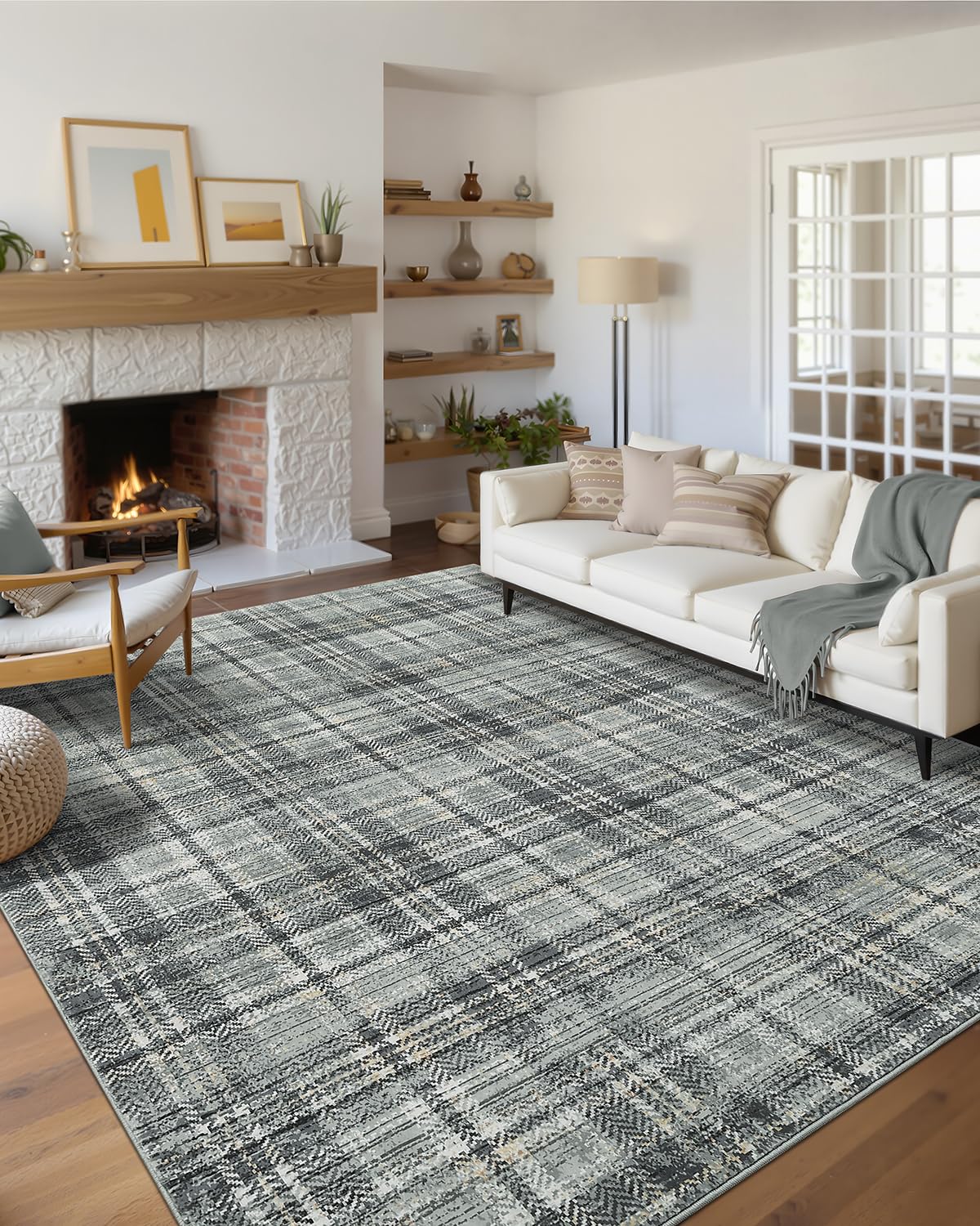 Modern Washable 8x10 Area Rug - Soft, Non-Slip, Stain Resistant, Farmhouse Tartan Plaid for Living Room, Bedroom, Nursery, Office - Beige