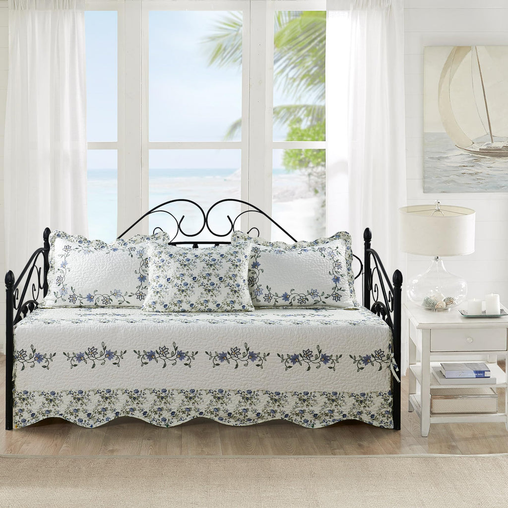 HESTIN 4Pcs Sky Blue Scallop Daybed Cover Set 75"x39" Petunia Embroidery