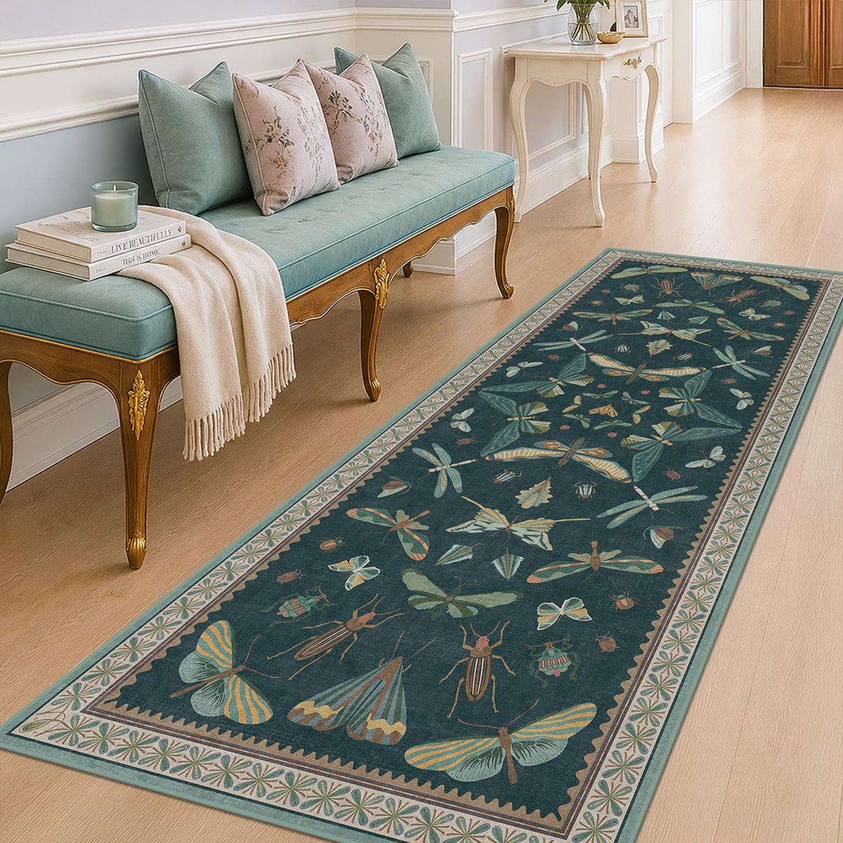 Hazo Haus Dark Green Insect Area Rugs 8x10 for Living Room, Dining Room Under Table, Bedroom, Unique Washable Floral Non Slip Low Pile Soft Rug