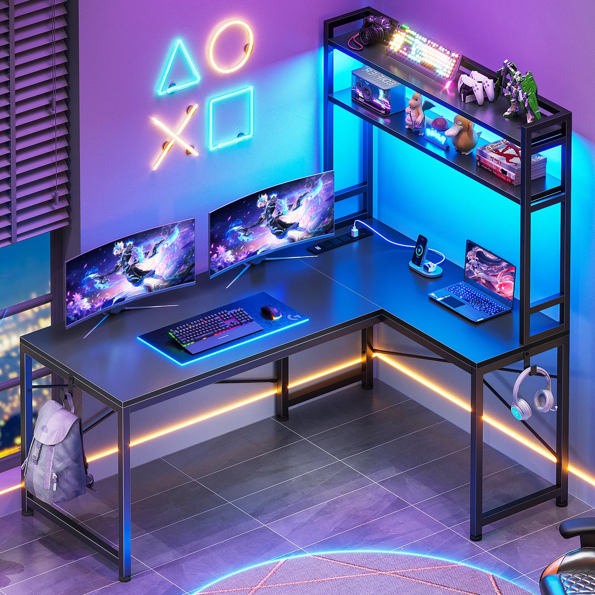 SEDETA 67" L Shaped Gaming Desk with Pegboard LED Lights and Power Outlet