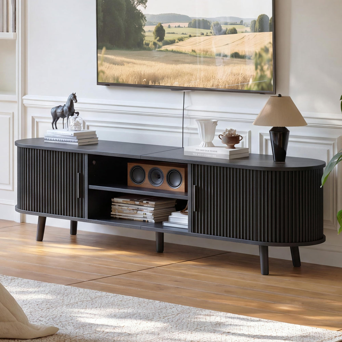 ChooChoo 54" Mid Century Modern TV Stand with Fluted Sliding Doors