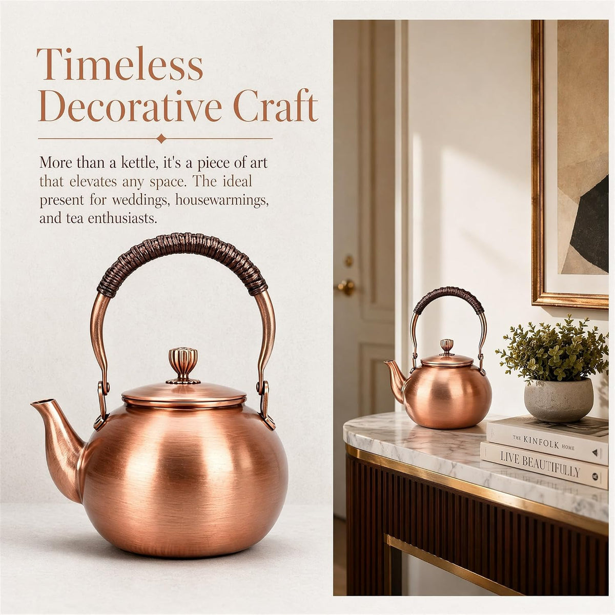 Handmade Copper Kettle 1200ML, Copper Stovetop Tea Kettle, Handmade Solid Copper Teapot with Stay-Cool Grip, Fast Boiling Gas Stove for Tea Ceremony Home Kitchen Use (1.1L-B)