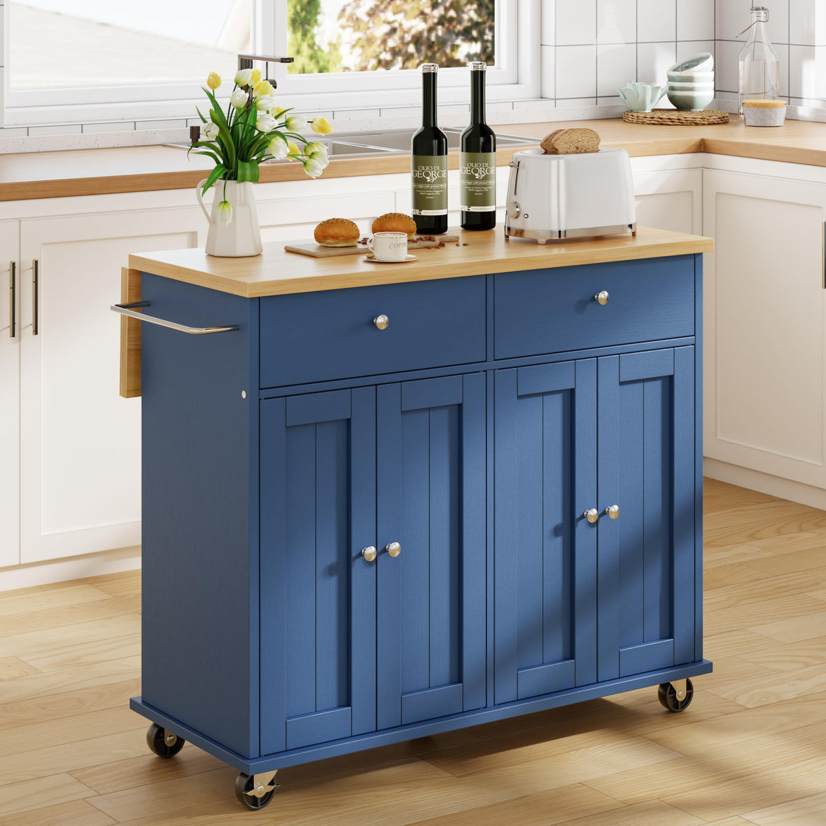 JY QAQA 39" Rolling Kitchen Island Cart on Wheels, Mobile Storage Cabinet with 2 Drawers & Double Door Cabinet, Cart Handle for Towel Rack or Free Mobility, Portable Islands for Kitchen, White