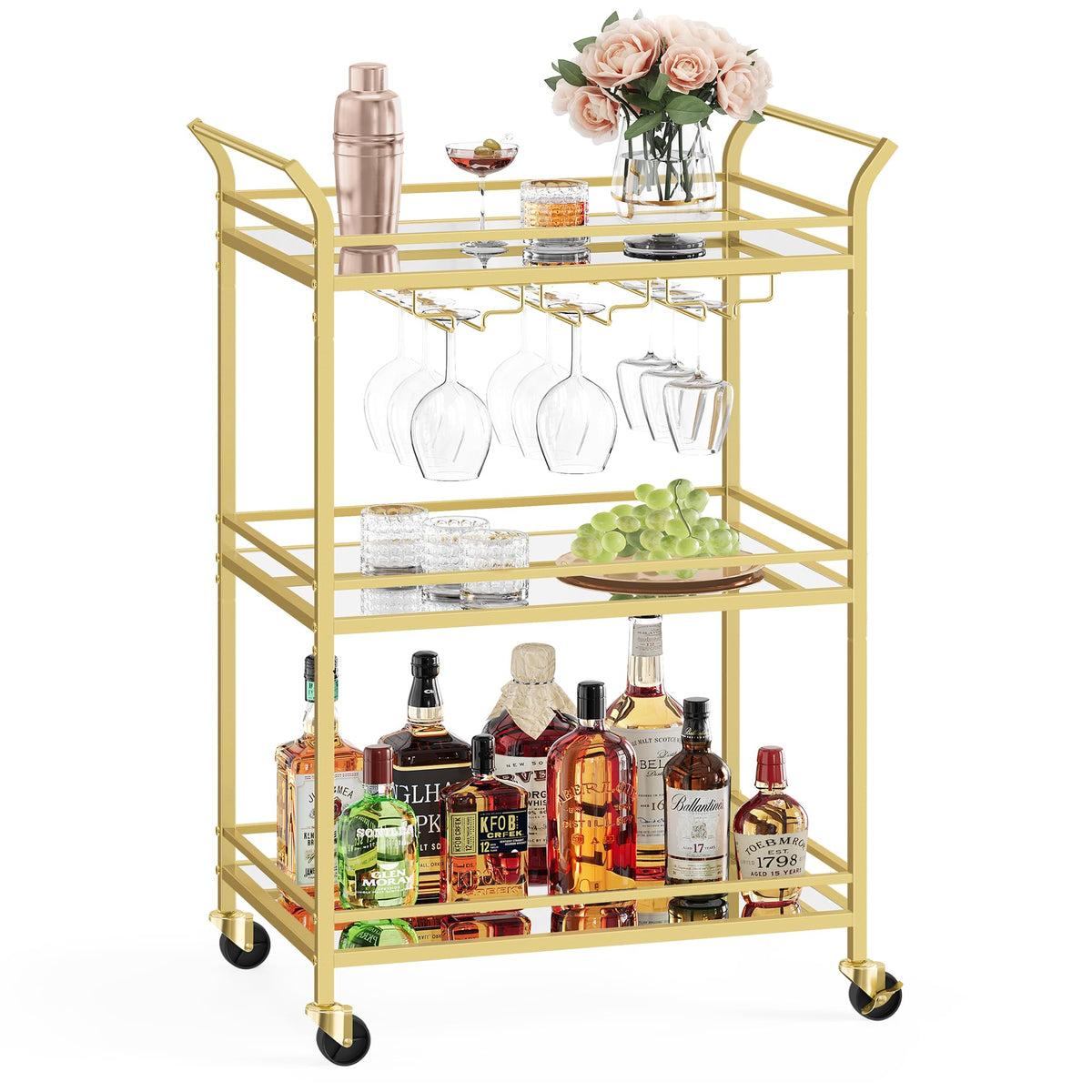 VASAGLE Bar Cart Gold, Large Home Bar Serving Cart with 3-Tier