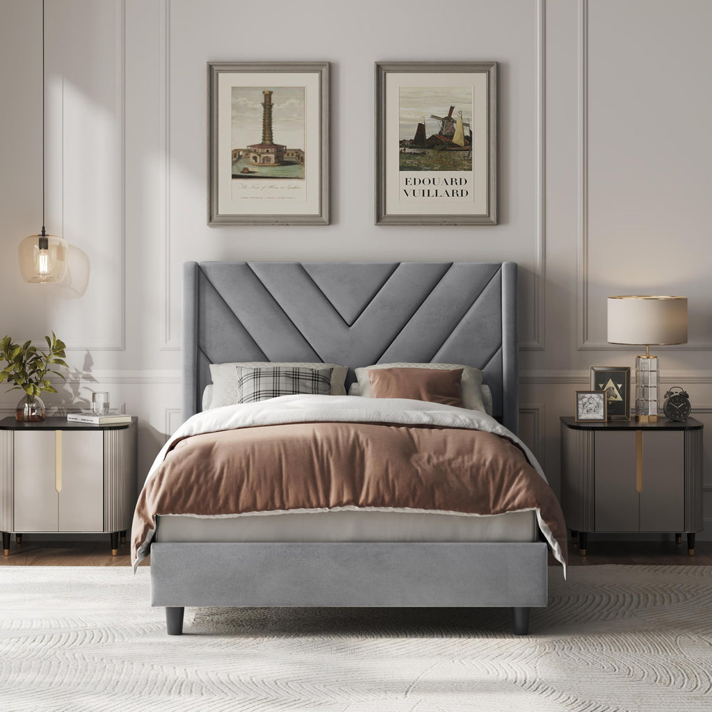 Yaheetech Queen Bed Frame with Chevron Channel-Tufted Headboard, Beige