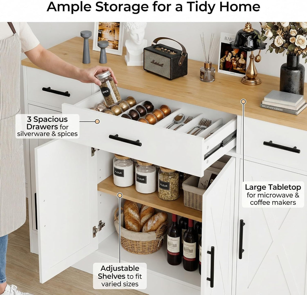 SUNLEI Coffee Bar Cabinet with Storage, Farmhouse Buffet Cabinet with 4 Doors & Adjustable Shelves, Kitchen Sideboard Cabinet for Coffee Station, Dining Room, Living Room & Home, White