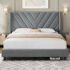 Yaheetech Queen Bed Frame with Chevron Channel-Tufted Headboard, Beige