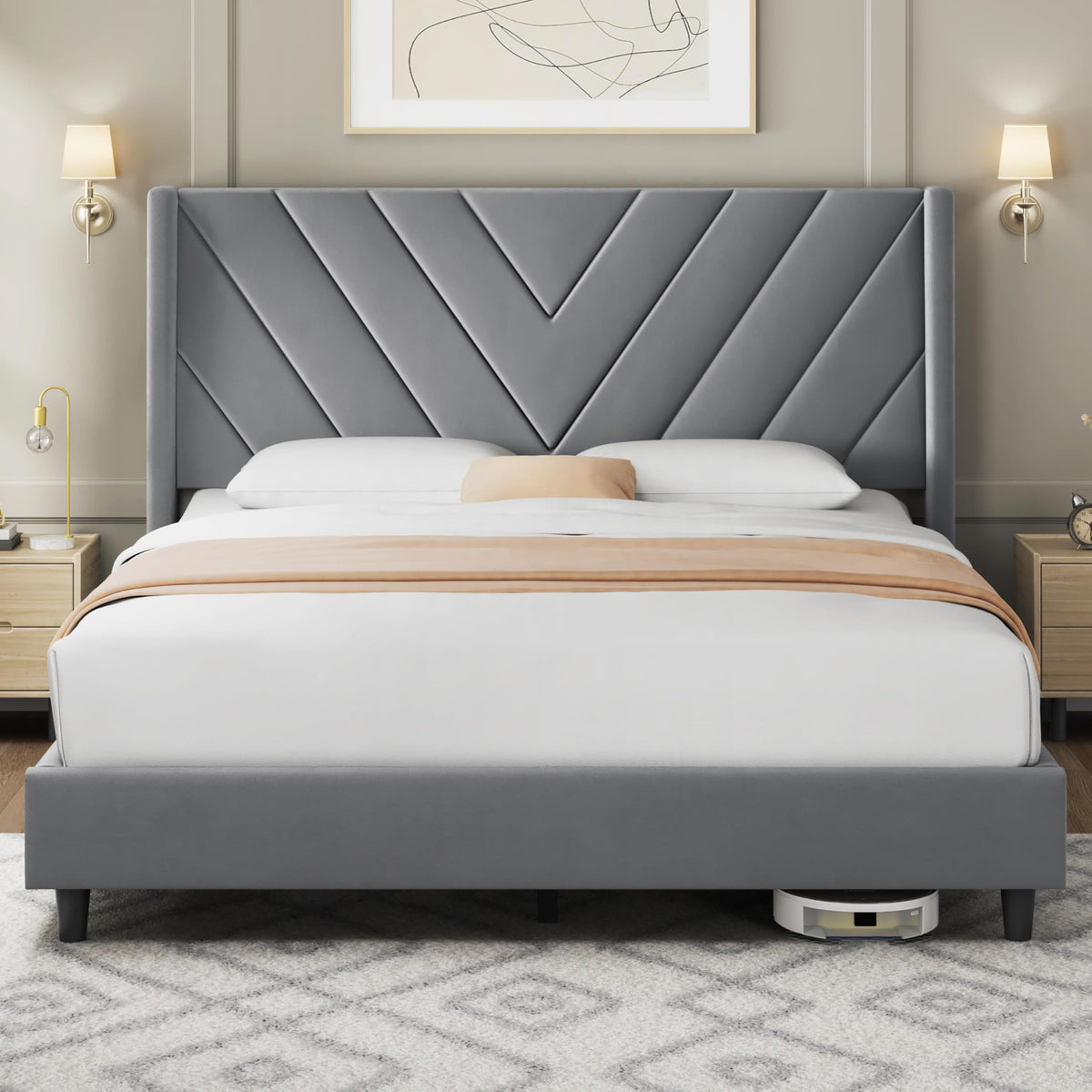 Yaheetech Queen Bed Frame with Chevron Channel-Tufted Headboard, Beige