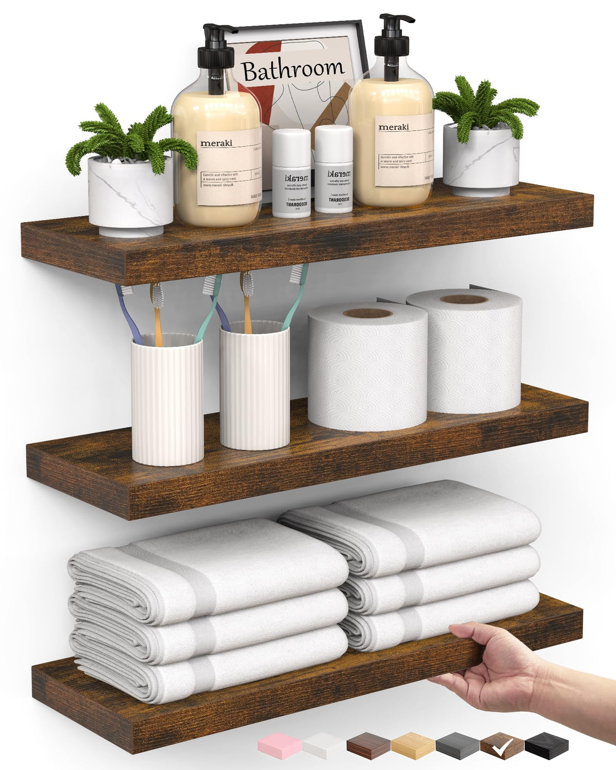 BAYKA Rustic Brown Floating Shelves 35.4in, Set of 2, Wall Mount Wood Shelf