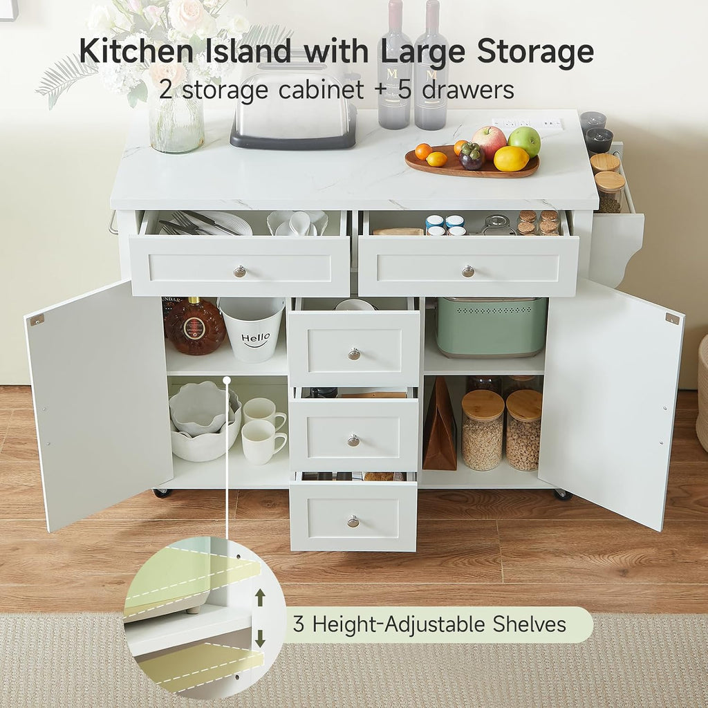 ONBRILL 47" Kitchen Island with 2 Storage Cabinets & 5 Drawers, White