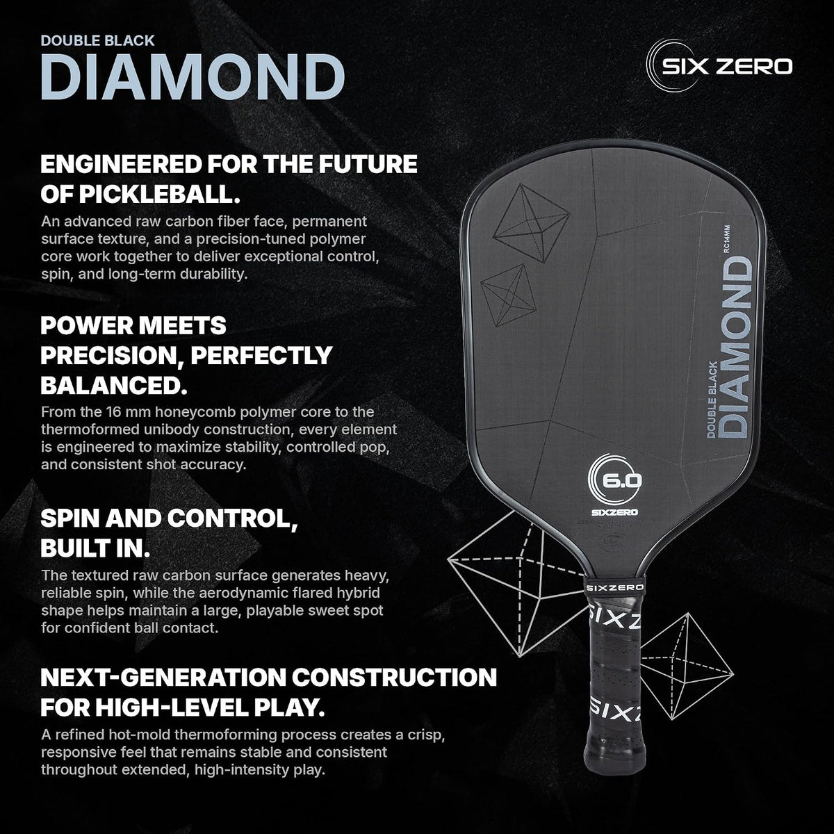 Six Zero Double Black Diamond Control Paddle, Raw Carbon