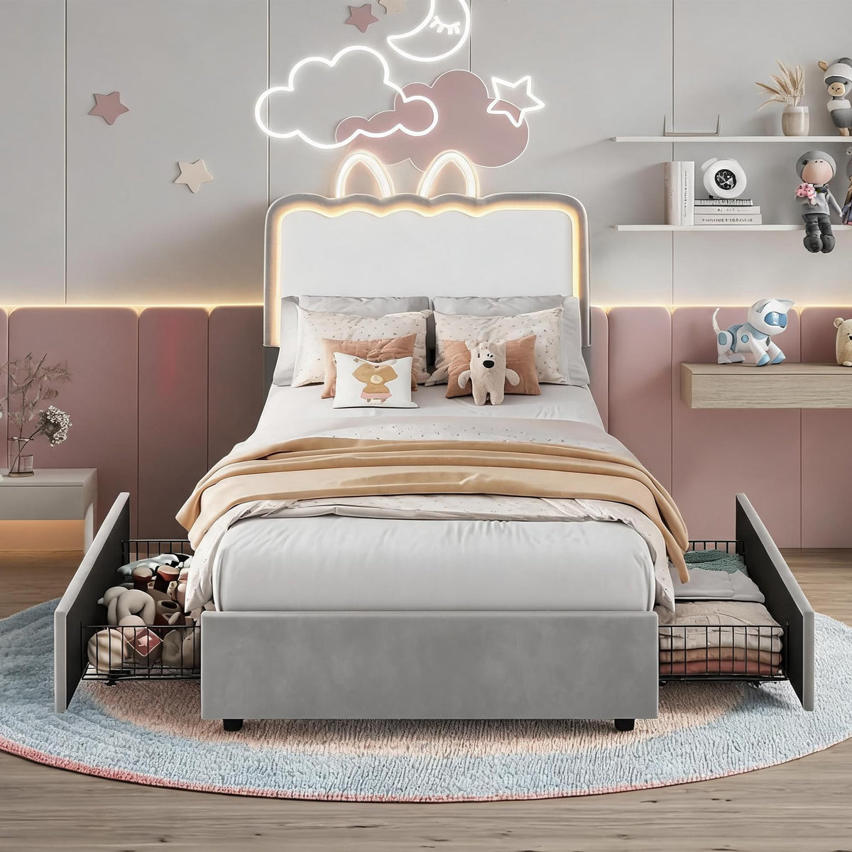 IDEALHOUSE Twin LED Bed, 2 Drawer Trundle, Pink Wave Headboard