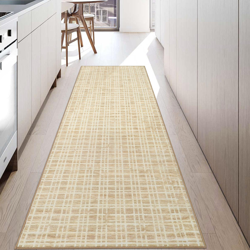 Modern Washable 8x10 Area Rug - Soft, Non-Slip, Stain Resistant, Farmhouse Tartan Plaid for Living Room, Bedroom, Nursery, Office - Beige