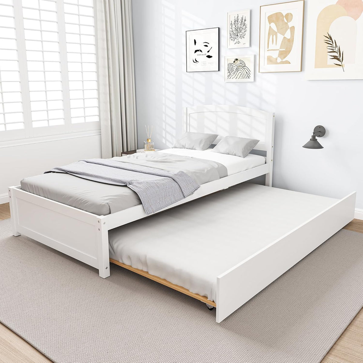 Twin Trundle Bed, Solid Wooden Pull Out Bedframe, Extendable Day Bed with Headboard and Soild Wood Slats Support, Bedroom, Living Room, Guest Room, No Box Spring Needed (White)
