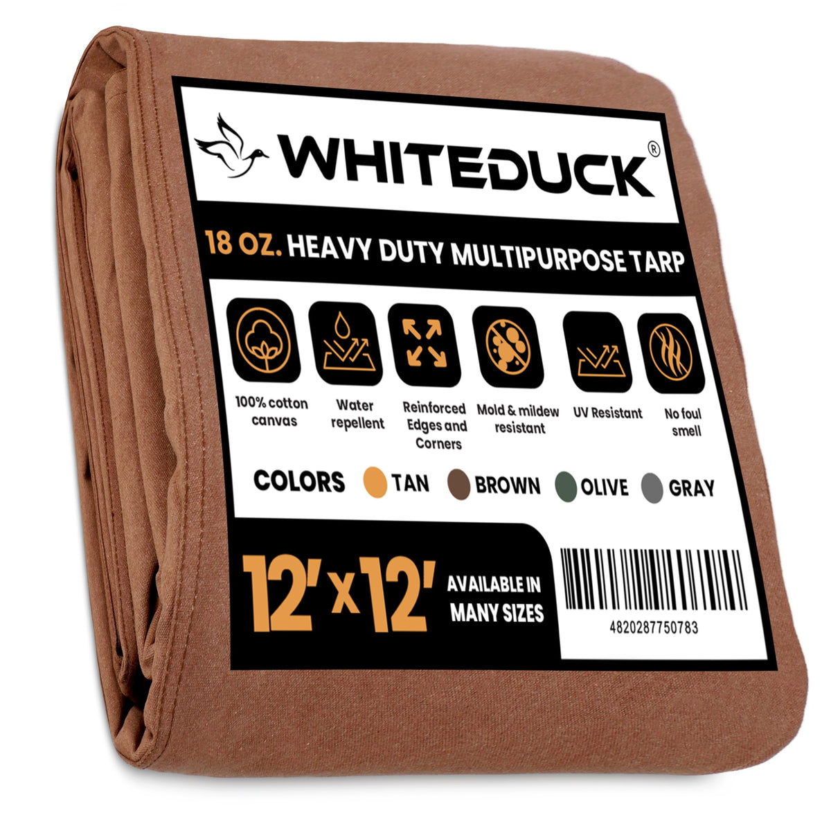 WHITEDUCK Canvas Tarp 18 oz. Heavy Duty Water Repellent UV Resistant, Rustproof Grommets, Industrial & Commercial Use Cloth Tarp (Cut Size: 8'x12', Finished Size: 7'6"x11'6", Olive Drab)