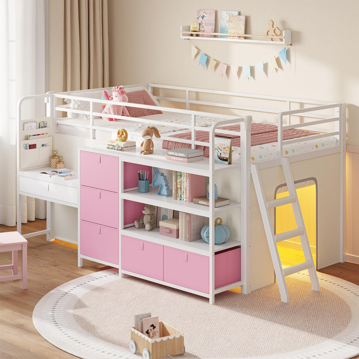 DICTAC Low Loft Bed with Slide,Storage Stairway and Led Lights Metal Twin Size Loft Bed with Under-Bed Play Space,Art Table & Play Curtain Twin Beds with 2 Drawers and 13.8''H Safety Guardrail,Black