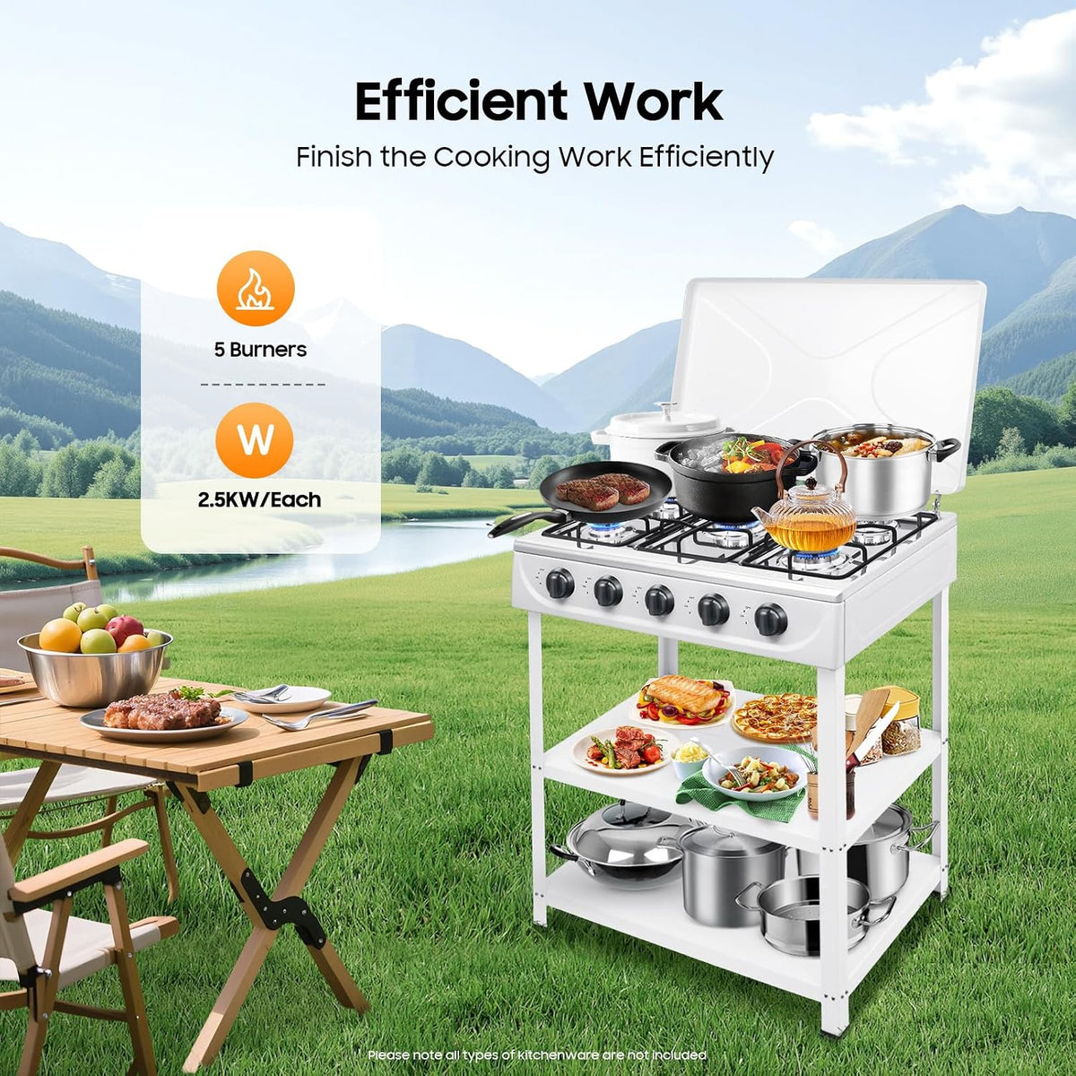 5 Burners Propane Camping Stove, 25 Inch Gas Stove, Natural Propane Stove Stand, Portable Camping BBQ Cooker with Storage Rack, 8500BTUs for Stir-frying Grilling Backyard Cooking (5 White)