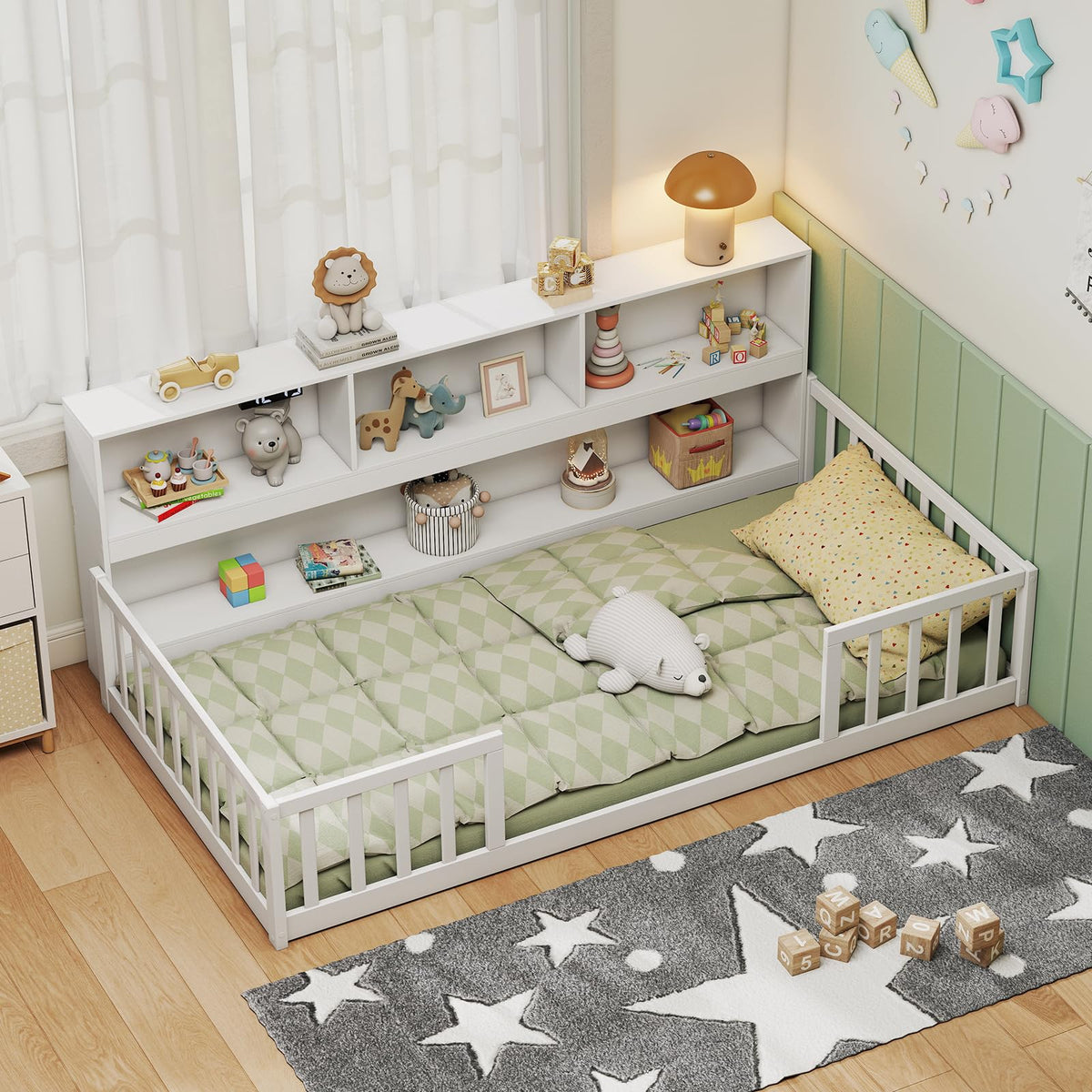 GIANTEX Full Size Floor Bed for Kids, Wooden Montessori Bed Frame with Bookcase, Storage Shelves & Safety Fence Rails, Floor Beds Full for Girls, Boys, No Box Spring Needed, Without Slats, White