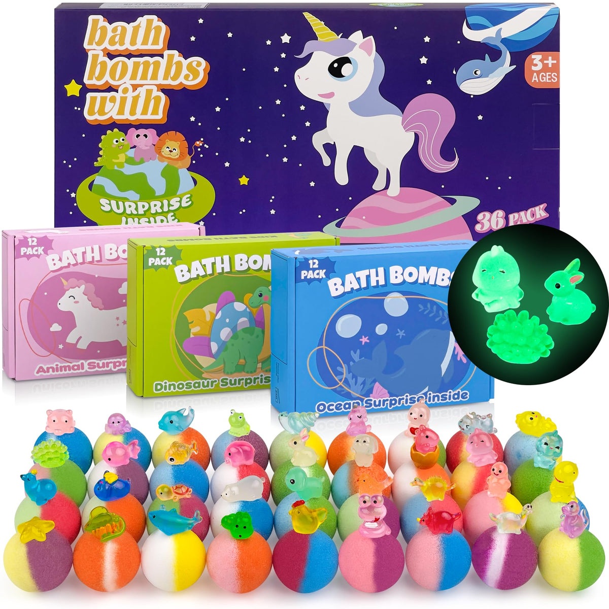 Bath Bombs for Kids,36 Pack Bath Bombs with Glow in The Dark Toy Inside
